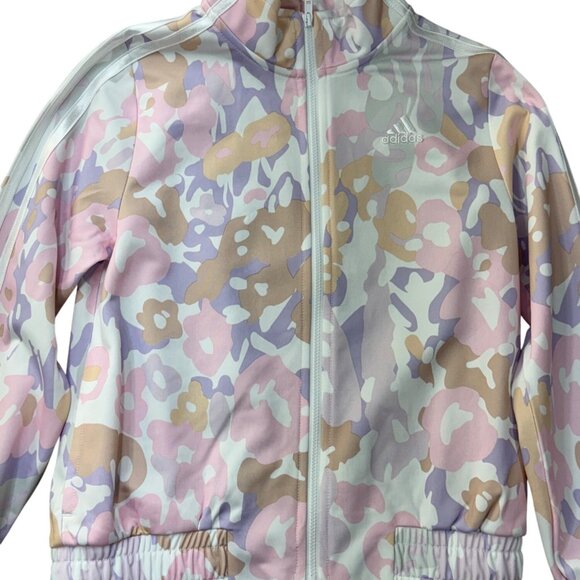 Adidas Pastel Pink Floral Camo Allover Print Full Zip Light Jacket Girls S 7/8 - Picture 4 of 5